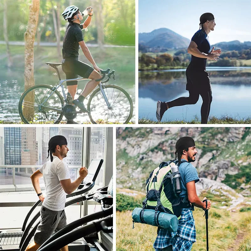 The product showcases a person biking, running, using a treadmill, and hiking in breathable apparel. It's a unisex Summer Cycling Cap made from durable nylon and cotton, offering comfort and versatility for every adventure.