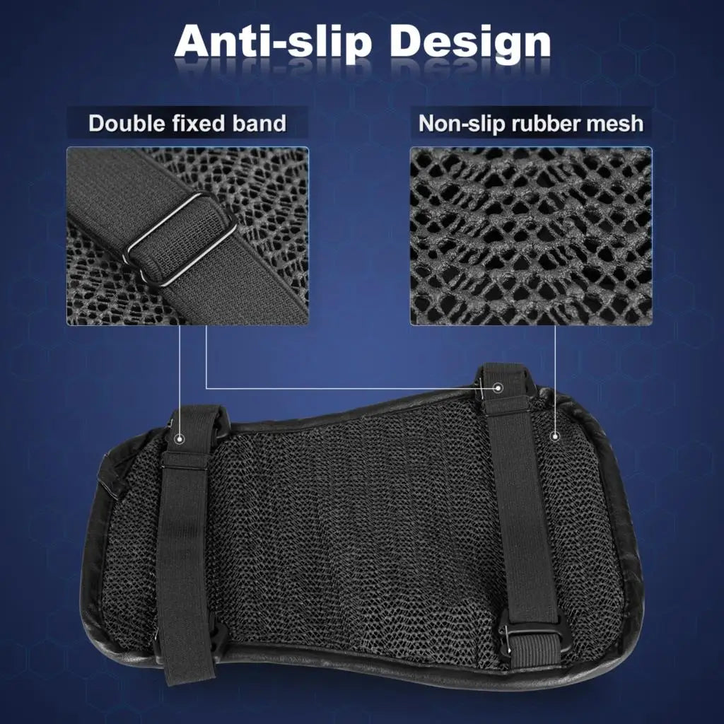 The Alr™ 3D Motorcycle Seat Gel Cushion, shown against a blue background, features a black anti-slip design with a breathable honeycomb structure, universal fit, double fixed bands, and non-slip rubber mesh.