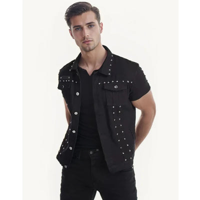 Alr™ Men's Black Vintage Denim Vest with Rivet Details