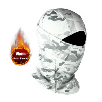 The ALR™ Winter Fleece Warm Camouflage Balaclava in gray and white features a "Warm Polar Fleece" label with a flame icon, providing superior cold resistance.