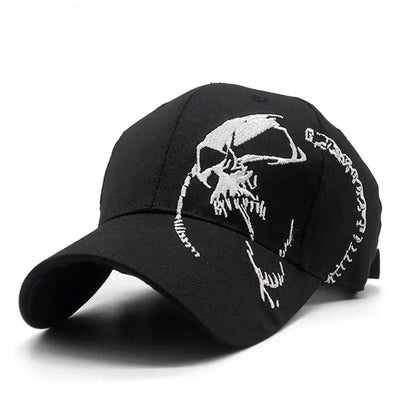 The ALR™ Embroidered Skull Cap features a bold white skull embroidery on the front and an adjustable strap for a perfect fit, making it ideal for sun protection while adding an edgy touch to your style.