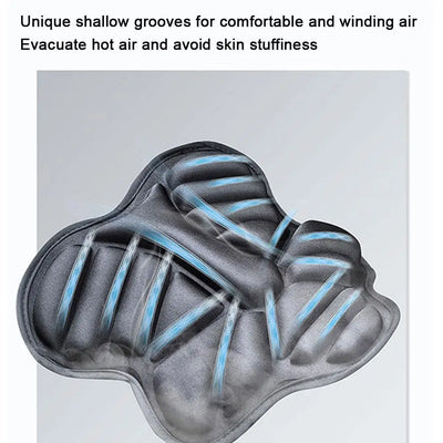 The ALR™ Motorcycle 3D Seat Cushion, in gray with blue accents and an anti-slip design, enhances comfort and airflow by evacuating hot air to prevent skin discomfort.