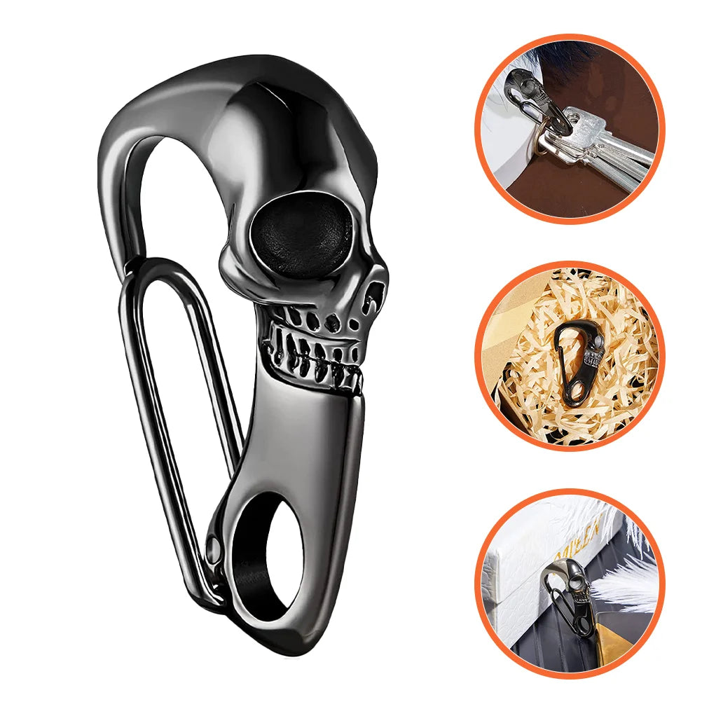 The ALR™ Skull Keychain Carabiner is a Gothic-inspired stainless steel carabiner shaped like a black skull, featuring four circular insets for versatile use as a keychain, bag attachment, and decor.