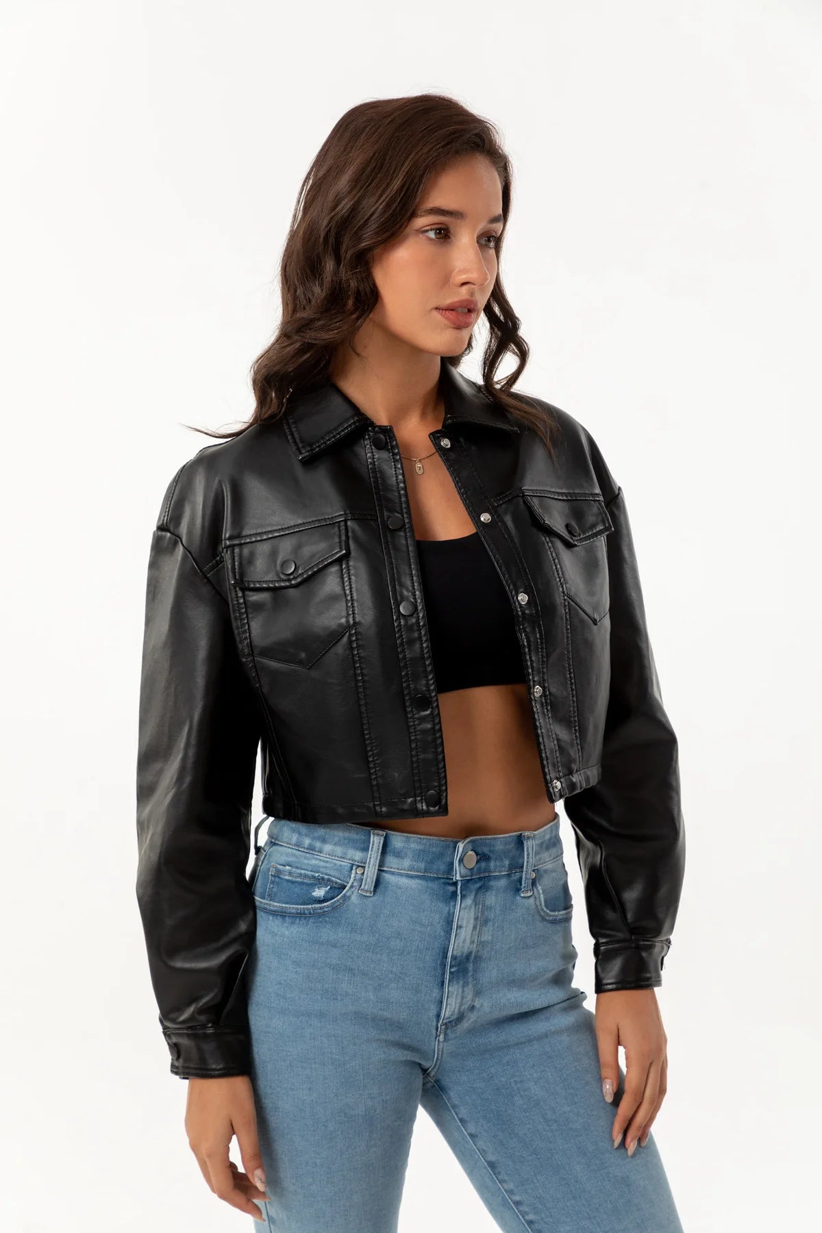 Alr™ Women's Short Leather Biker Jacket with Lapel and Two Pockets