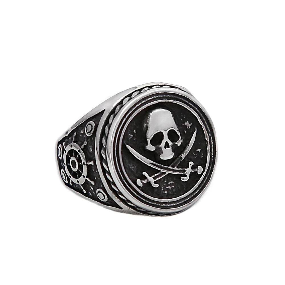 Stainless Steel Biker Ring - Vintage Double Knife Pirate Skull