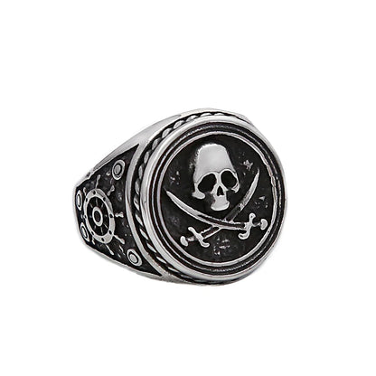 Stainless Steel Biker Ring - Vintage Double Knife Pirate Skull
