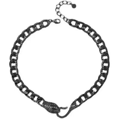 The ALR™ Vintage Punk Viper Necklace is a black chain piece with a clasp shaped like intertwined hands, featuring small decorative stones. Its chunky design embodies boldness reminiscent of snake and scorpion motifs, making it a striking addition to any collection.