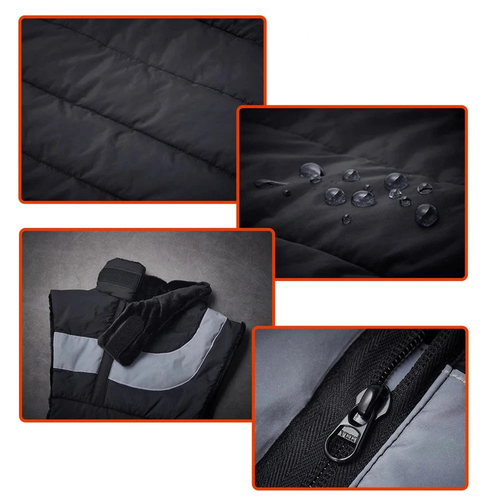 Collage of the Alr™ Cold-Proof Thermal Neck Scarf showcasing its features: thermal fabric, moisture-resistant surface, reflective strip, and a close-up of the stitching, providing windproof protection.