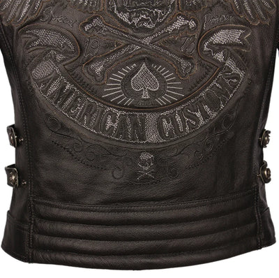 Alr™ Men's Skull Embroidered Motorcycle Cowhide Leather Jacket