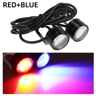 Two red and blue Motorcycle Strobe LED Driving Lights on a motorcycle bike for increased visibility and safety.