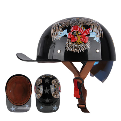 The ALR™ Baseball Cap Motorcycle Helmet offers lightweight comfort with a black exterior, eagle and American flag design, visor, adjustable strap, star decorations, and interior padding for a snug fit.