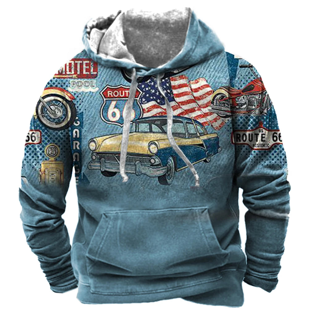 Alr™ Men's Vintage Route 66 3D Moto Print Hoodie