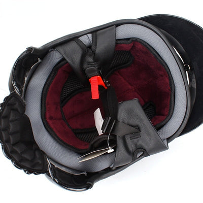 A Motorcycle Half Face Skull Helmet equipped with a strap for motorcycles.