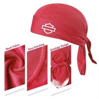 The ALR™ Summer Cycling Cap is a red mesh fabric bandana cap with a neat bandage design and decorative white logo. This unisex helmet liner is both breathable and stylish, crafted for comfort.