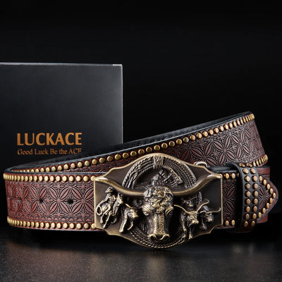 The Alr™ Vintage Western Cowboy Belt, featuring an embossed Western design and an ornate brass buckle with a longhorn steer, beautifully displayed next to a Luckace brand box, exemplifies handmade craftsmanship.