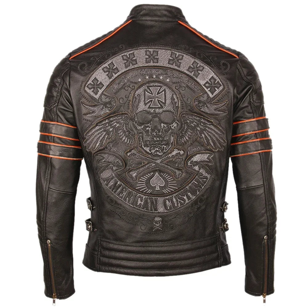 Alr™ Men's Skull Embroidered Motorcycle Cowhide Leather Jacket