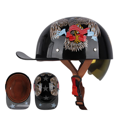 The ALR™ Baseball Cap Motorcycle Helmet features a distinctive vintage design—a black exterior with an eagle and ribbon on top, stars on the sides, and a brown interior. It offers lightweight comfort with a sun visor and an adjustable chin strap.