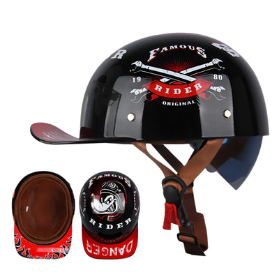 The ALR™ Baseball Cap Motorcycle Helmet features a vintage black design, red visor, and brown strap with "Famous Rider" and crossed pistons graphics. It offers lightweight comfort and includes interior and top-down views to complete its standout style on any ride.