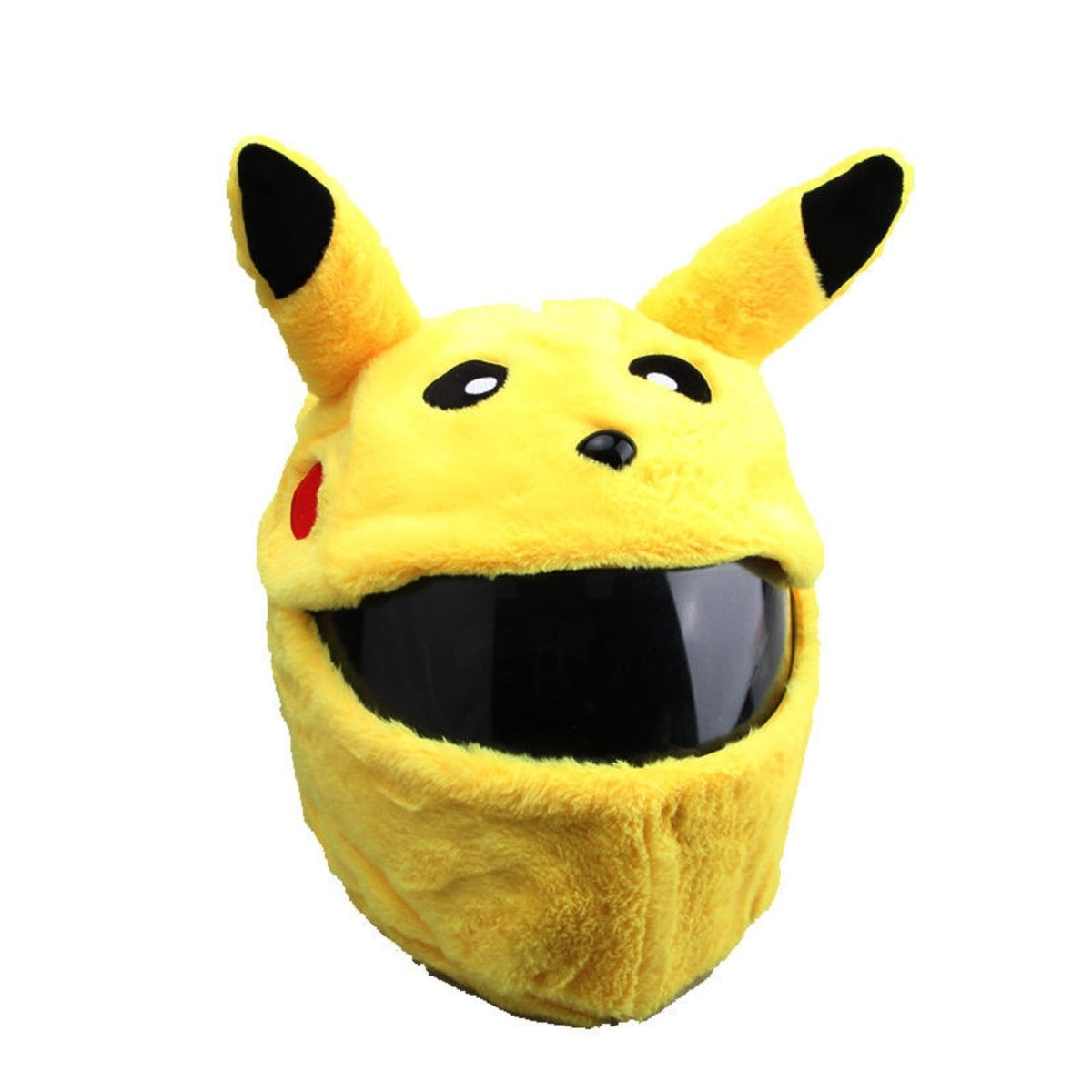 A Pikachu Motorcycle Helmet Cover with a black-tinted visor, designed to resemble Pikachu, featuring ears, eyes, and red cheeks—an absolutely hilarious accessory for any riding companion.