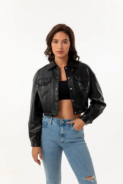 Alr™ Women's Short Leather Biker Jacket with Lapel and Two Pockets