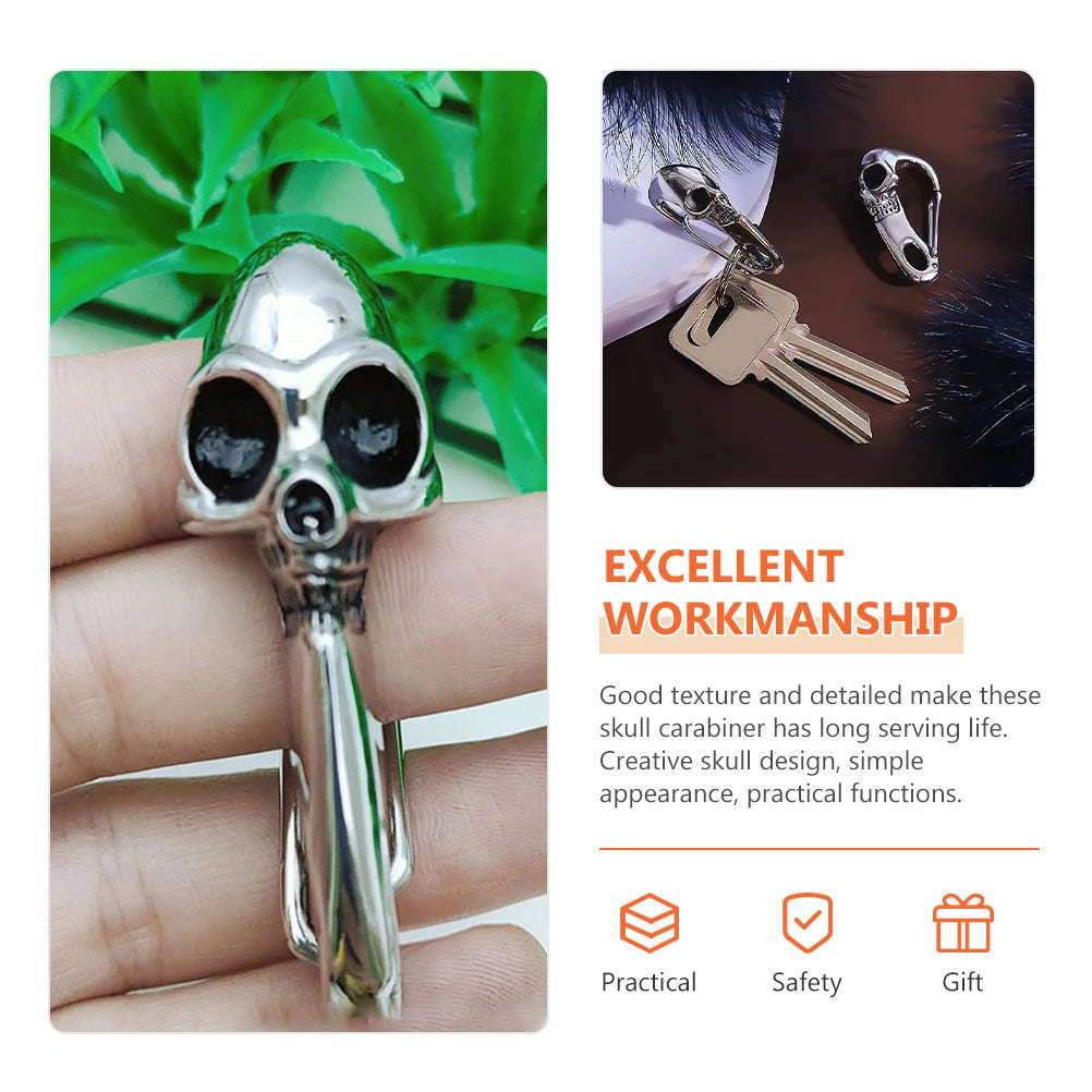 The ALR™ Skull Keychain Carabiner, with its Gothic-inspired skull design, offers exceptional durability and superb functionality in stainless steel. Icons highlight its practicality, safety, and excellent gift potential.