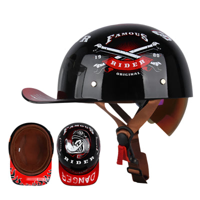 The ALR™ Baseball Cap Motorcycle Helmet offers a unique vintage design in black and red with the "Famous Rider" logo and crossbones. It includes views of the side, back, and interior for inspection and delivers lightweight comfort with a securely attached brown chin strap.