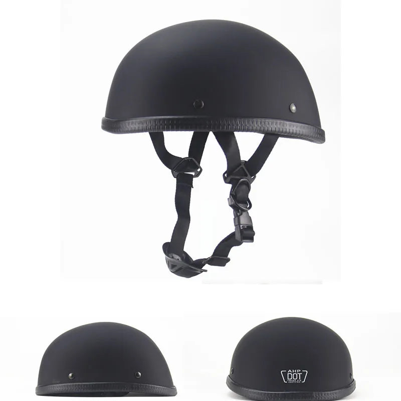 Three views of the Classic Half Helmet Harley Style with a black, matte finish and adjustable chin straps, displaying its DOT-approved certification label. The upper image shows the front view, the lower left displays the side view, and the lower right presents the back view. This helmet is perfect for pairing with your Harley Heritage Classic.