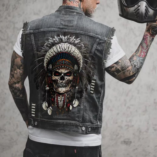 Men's Denim Biker Motorcycle Vest, Native Skull Graphic, ALR