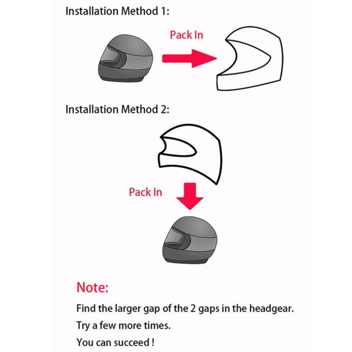 Diagram showing two helmet installation methods. Method 1: Insert packing from front. Method 2: Insert packing from rear. Note advises finding the larger gap and trying multiple times for success. This Cool Motorcycle Helmet Cover - Unicorn can double as a hilarious riding companion, making your rides more entertaining.