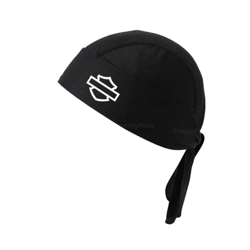 The Summer Cycling Cap Quick Dry Breathable Pirate Hat, suitable for all, features a white logo on black fabric. Crafted from durable materials, it serves as a comfortable and stylish helmet liner for Harley-Davidson PAN AMERICA 1250 S PA1250 and Sportster S 1250 rides.