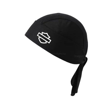 The Summer Cycling Cap Quick Dry Breathable Pirate Hat, suitable for all, features a white logo on black fabric. Crafted from durable materials, it serves as a comfortable and stylish helmet liner for Harley-Davidson PAN AMERICA 1250 S PA1250 and Sportster S 1250 rides.