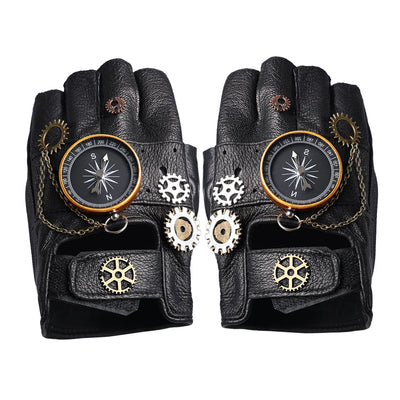 Steampunk PU Leather Fingerless Compass Gloves
