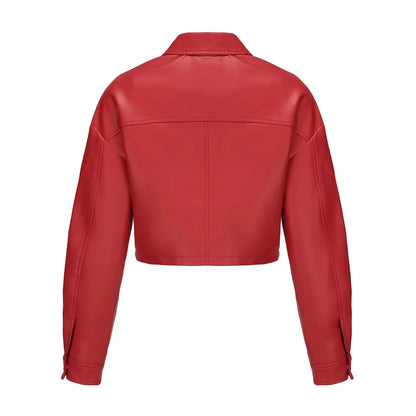 Alr™ Women's Short Leather Biker Jacket with Lapel and Two Pockets