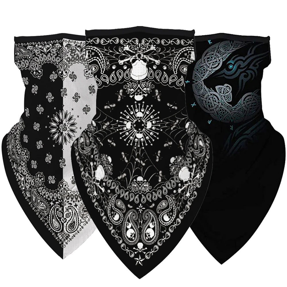 Three ALR™ Outdoor Balaclava Motorcycle Face Masks in black with intricate white and gray paisley and decorative patterns, perfect as stylish motorcycle accessories.