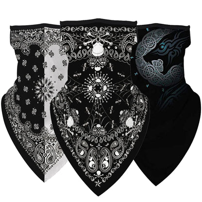Three ALR™ Outdoor Balaclava Motorcycle Face Masks in black with intricate white and gray paisley and decorative patterns, perfect as stylish motorcycle accessories.