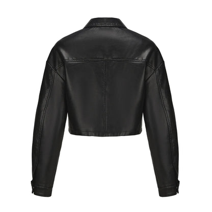 Alr™ Women's Short Leather Biker Jacket with Lapel and Two Pockets