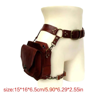 The Alr™ Women's Medieval Steampunk Drop Leg Bag, shown on a mannequin, features adjustable straps and a buckle that enhance its steampunk vibe. Measuring 15x16x6.5 cm (5.90x6.29x2.55 inches), it combines style and functionality reminiscent of a medieval-inspired PU leather accessory.