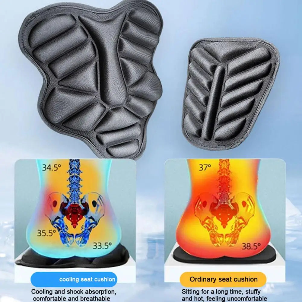 Two seat cushions are shown: the ALR™ Motorcycle 3D Seat Cushion with blue and red cooling effects, an anti-slip design ideal for motorcycles, and a standard one with a red heat illustration.