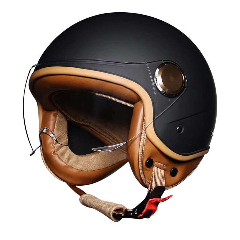Retro open face motorcycle helmet in matte black with tan leather trim and flip visor, DOT approved 3/4 helmet