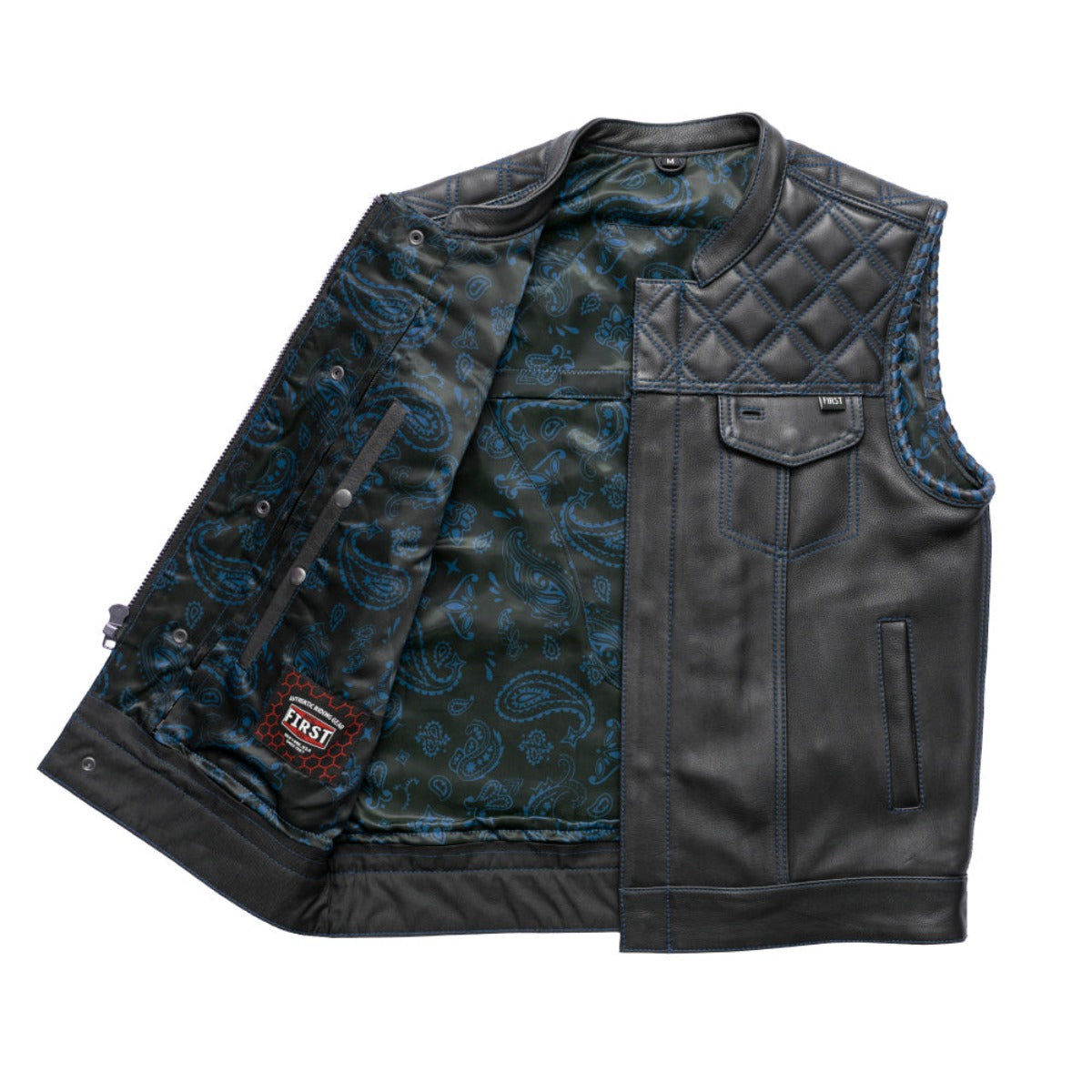 First Manufacturing Sinister - Men's Motorcycle Leather Vest, Black/Blue