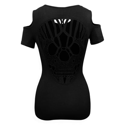 Ladies Half Sleeve Shoulder Cutoffs Shirts Sugar Skull Lace Design on back