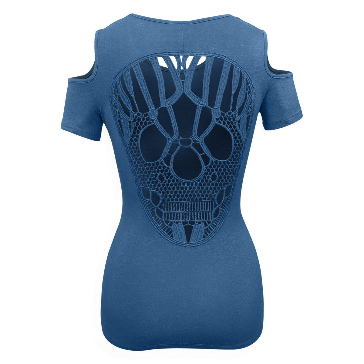 Ladies Half Sleeve Shoulder Cutoffs Shirts Sugar Skull Lace Design on back