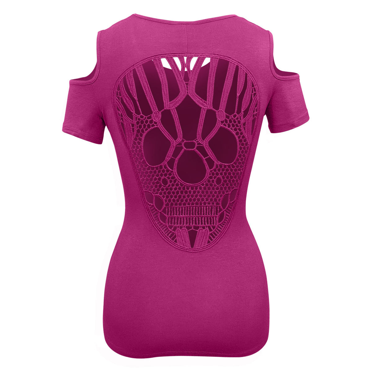 Ladies Half Sleeve Shoulder Cutoffs Shirts Sugar Skull Lace Design on back