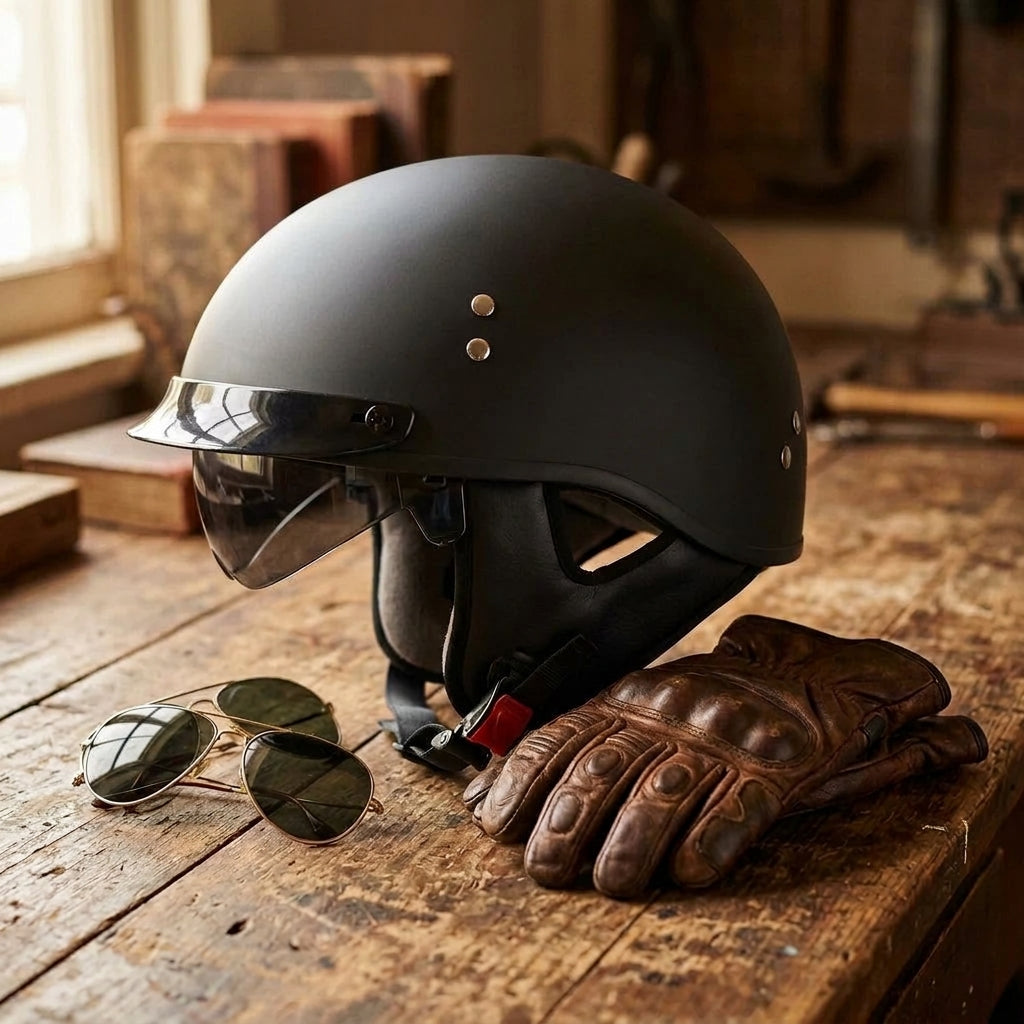 Vintage half helmet on a table beside riding gloves and sunglasses