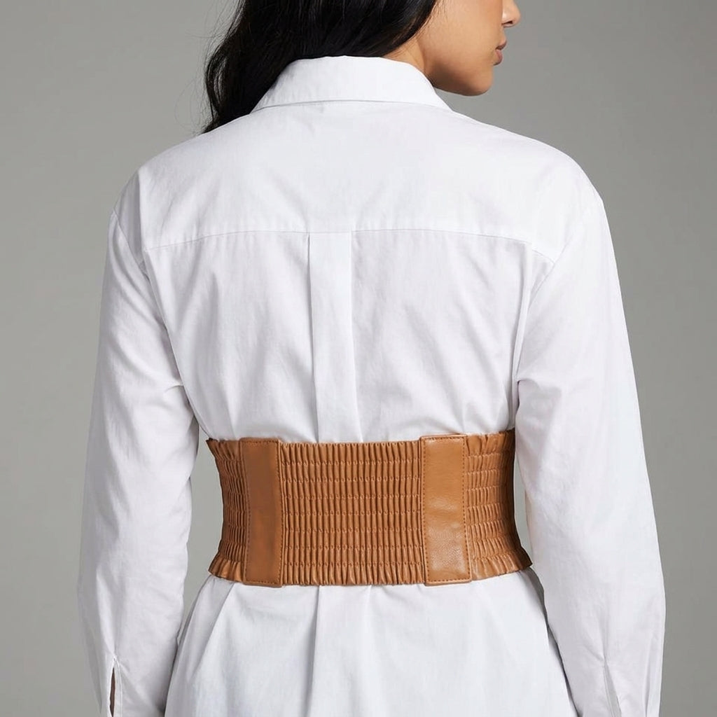 Rear view showing the wide ruched elastic back panel of the corset belt