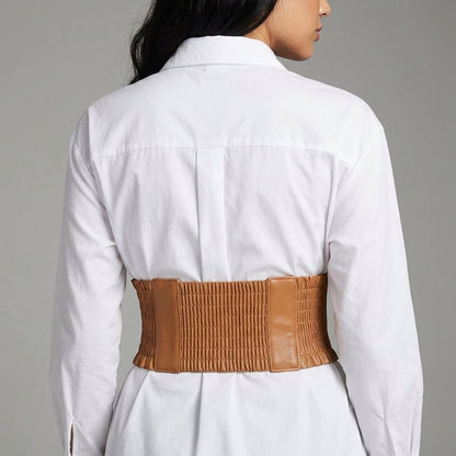 Rear view showing the wide ruched elastic back panel of the corset belt
