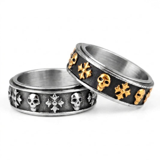 Stainless Steel Biker Ring - Cross Skull Retro Rotatable Stainless Ste