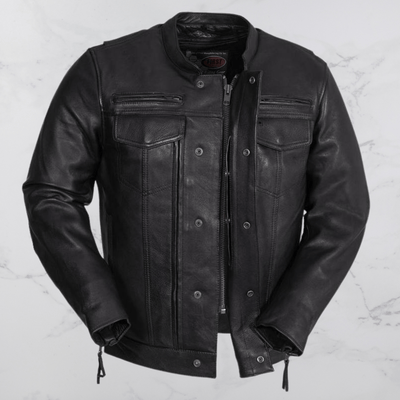 First Manufacturing Raider Leather Jacket men's high-quality cowhide leather motorcycle jacket.