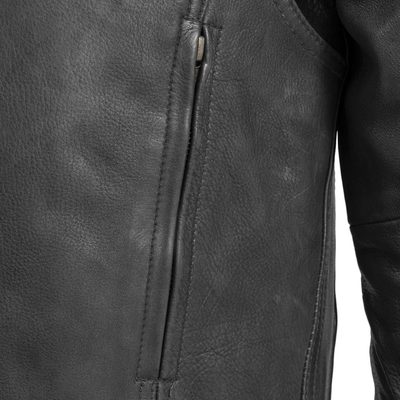A close up view of the First Manufacturing Raider Leather Jacket.