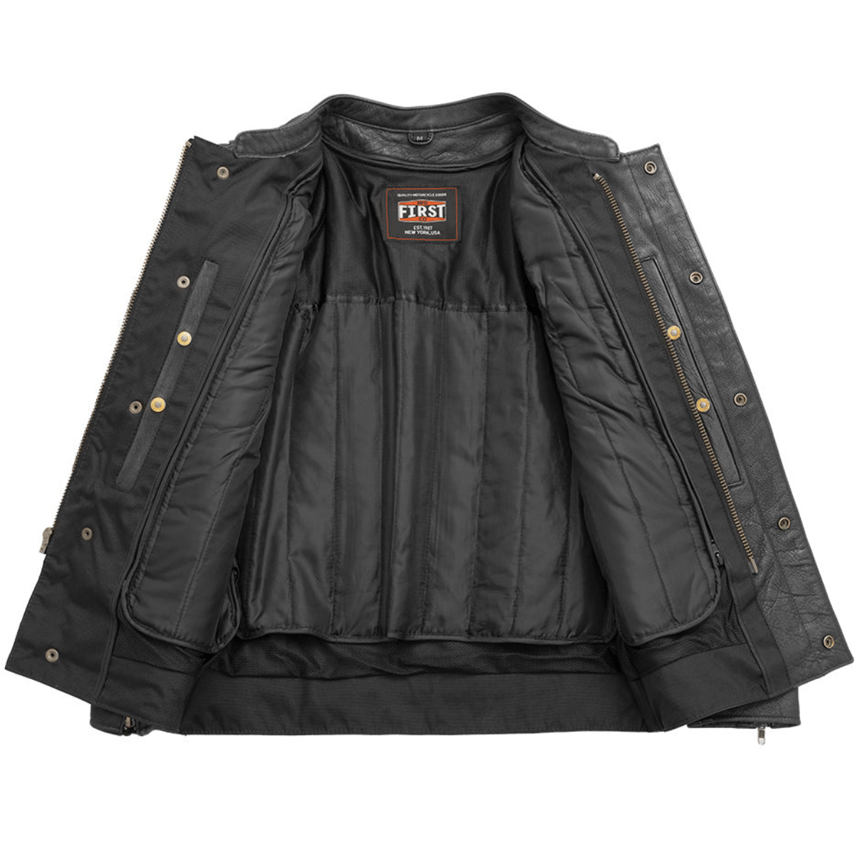 A durable black First Manufacturing Raider Leather Jacket with hidden utility pockets.